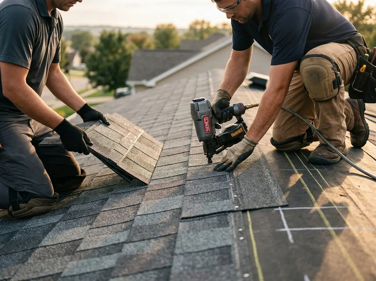 Professional roofer working on a residential roof in Progreso